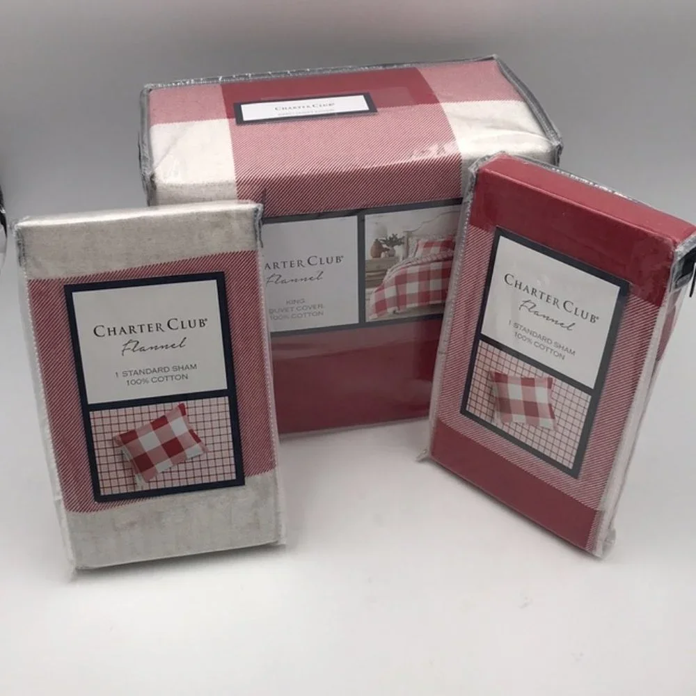 7 Pc Set Charter Club Red Check Flannel Duvet Cover Sheets Shams